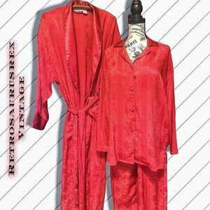 Vintage Victoria’s Secret Gold Label 3 Piece Red Pajama & Robe Set, Medium